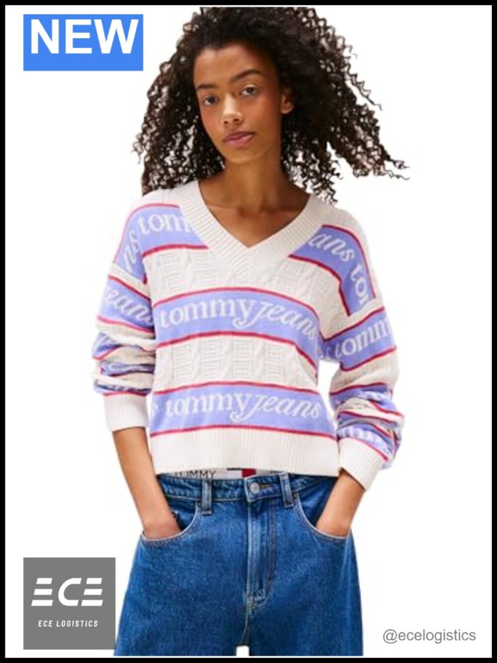 Women's Striped V-Neck Pullover Sweater 100% Cotton Long Sleeve